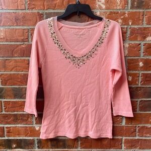 Soft Surroundings Womens Medium Coral Beaded Trim Vneck Ribbed Knit Blouse